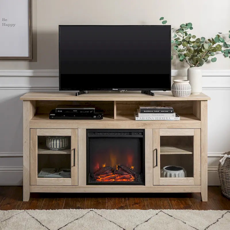 Meuble télé pour foyer électrique haut de 58 po à 2 portes – Chêne blanc/espresso/noir – Convient aux téléviseurs jusqu'à 65 po, assemblage par 2 personnes