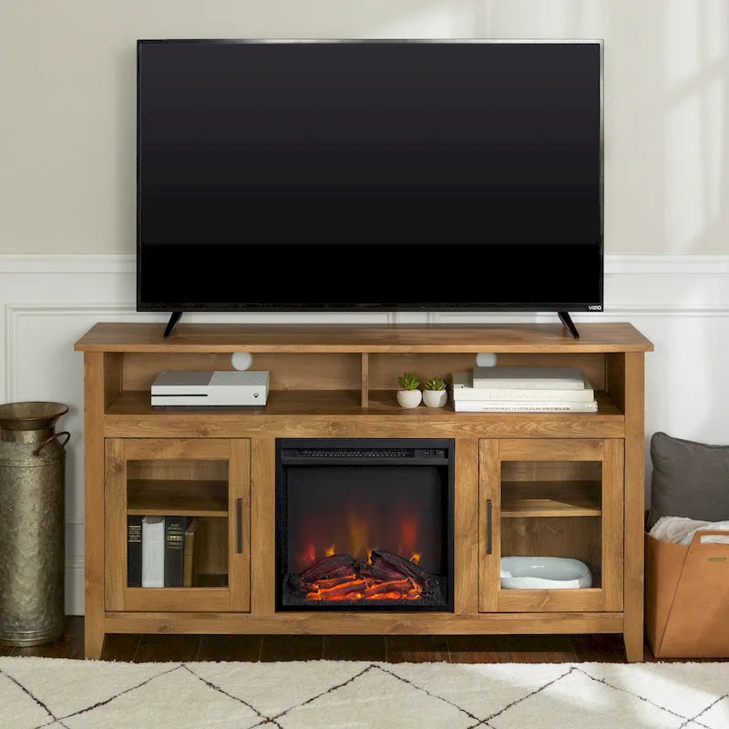 Meuble télé pour foyer électrique haut de 58 po à 2 portes – Chêne blanc/espresso/noir – Convient aux téléviseurs jusqu'à 65 po, assemblage par 2 personnes