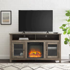 Meuble télé pour foyer électrique haut de 58 po à 2 portes – Chêne blanc/espresso/noir – Convient aux téléviseurs jusqu'à 65 po, assemblage par 2 personnes