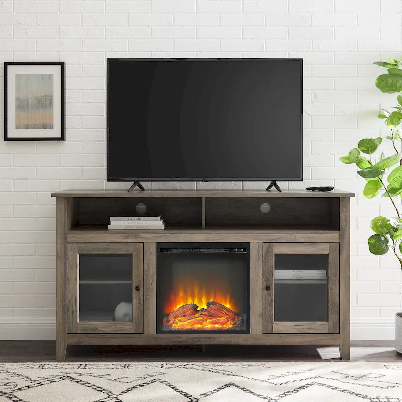 Meuble télé pour foyer électrique haut de 58 po à 2 portes – Chêne blanc/espresso/noir – Convient aux téléviseurs jusqu'à 65 po, assemblage par 2 personnes