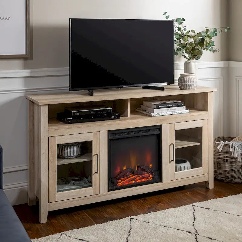 Meuble télé pour foyer électrique haut de 58 po à 2 portes – Chêne blanc/espresso/noir – Convient aux téléviseurs jusqu'à 65 po, assemblage par 2 personnes