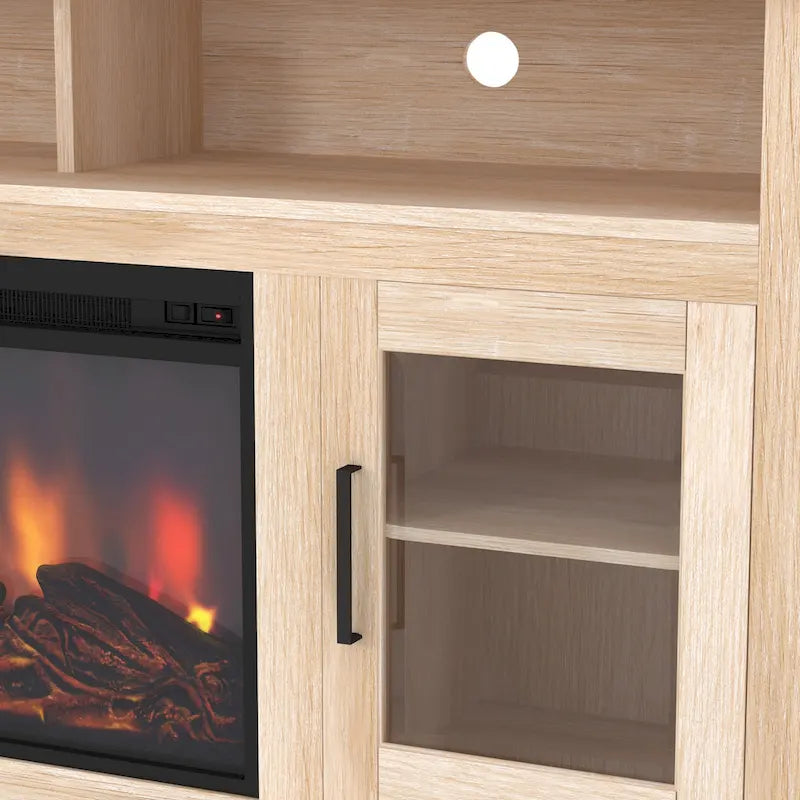 Meuble télé pour foyer électrique haut de 58 po à 2 portes – Chêne blanc/espresso/noir – Convient aux téléviseurs jusqu'à 65 po, assemblage par 2 personnes