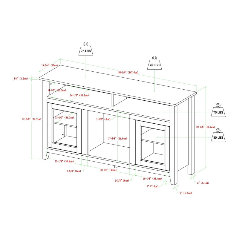 Meuble télé pour foyer électrique haut de 58 po à 2 portes – Chêne blanc/espresso/noir – Convient aux téléviseurs jusqu'à 65 po, assemblage par 2 personnes
