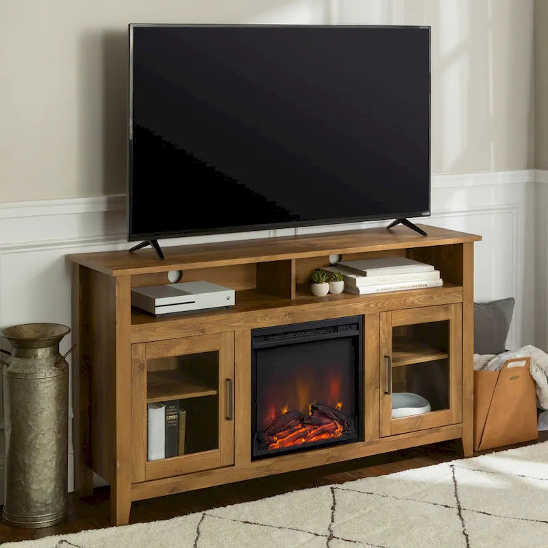 Meuble télé pour foyer électrique haut de 58 po à 2 portes – Chêne blanc/espresso/noir – Convient aux téléviseurs jusqu'à 65 po, assemblage par 2 personnes