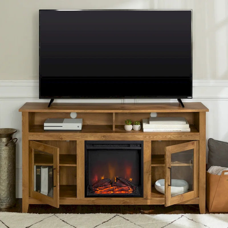 Meuble télé pour foyer électrique haut de 58 po à 2 portes – Chêne blanc/espresso/noir – Convient aux téléviseurs jusqu'à 65 po, assemblage par 2 personnes