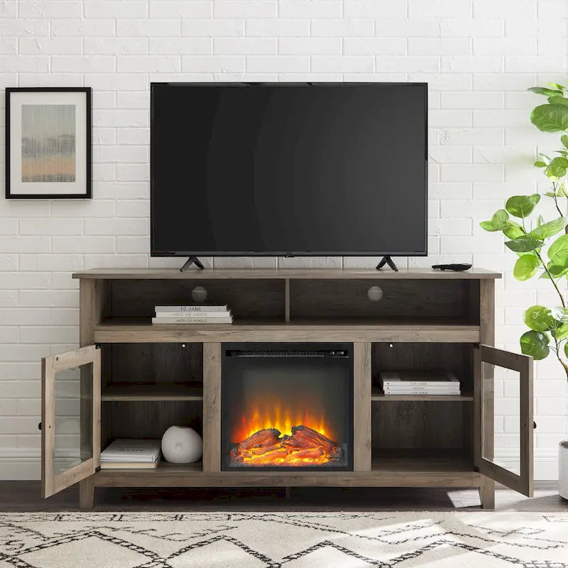 Meuble télé pour foyer électrique haut de 58 po à 2 portes – Chêne blanc/espresso/noir – Convient aux téléviseurs jusqu'à 65 po, assemblage par 2 personnes