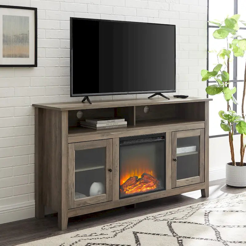 Meuble télé pour foyer électrique haut de 58 po à 2 portes – Chêne blanc/espresso/noir – Convient aux téléviseurs jusqu'à 65 po, assemblage par 2 personnes