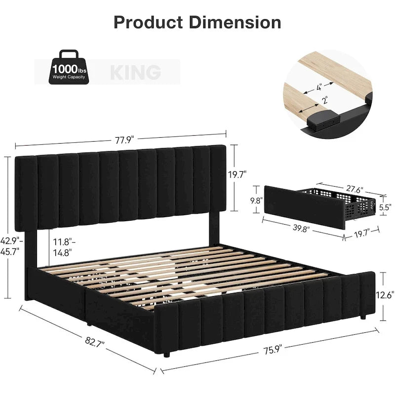 Cadre de lit capitonné en velours noir avec 4 tiroirs de rangement – King, 2 personnes