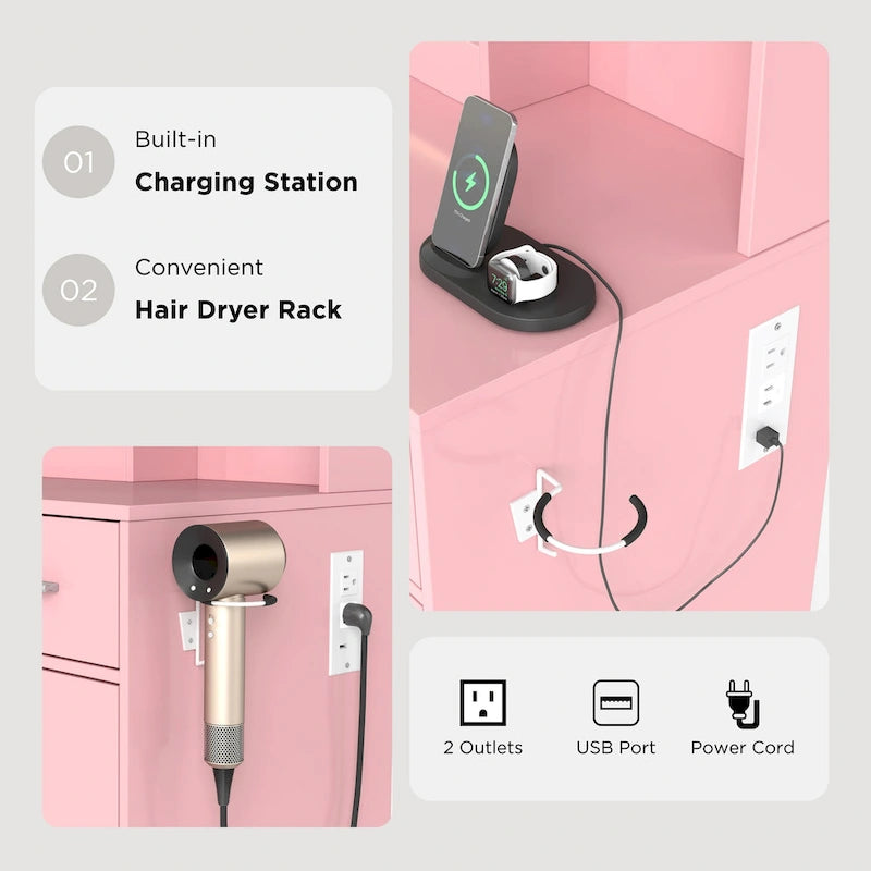 Coiffeuse de maquillage rose avec miroir LED et tabouret, 1 personne
