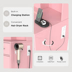 Coiffeuse de maquillage rose avec miroir LED et tabouret, 1 personne