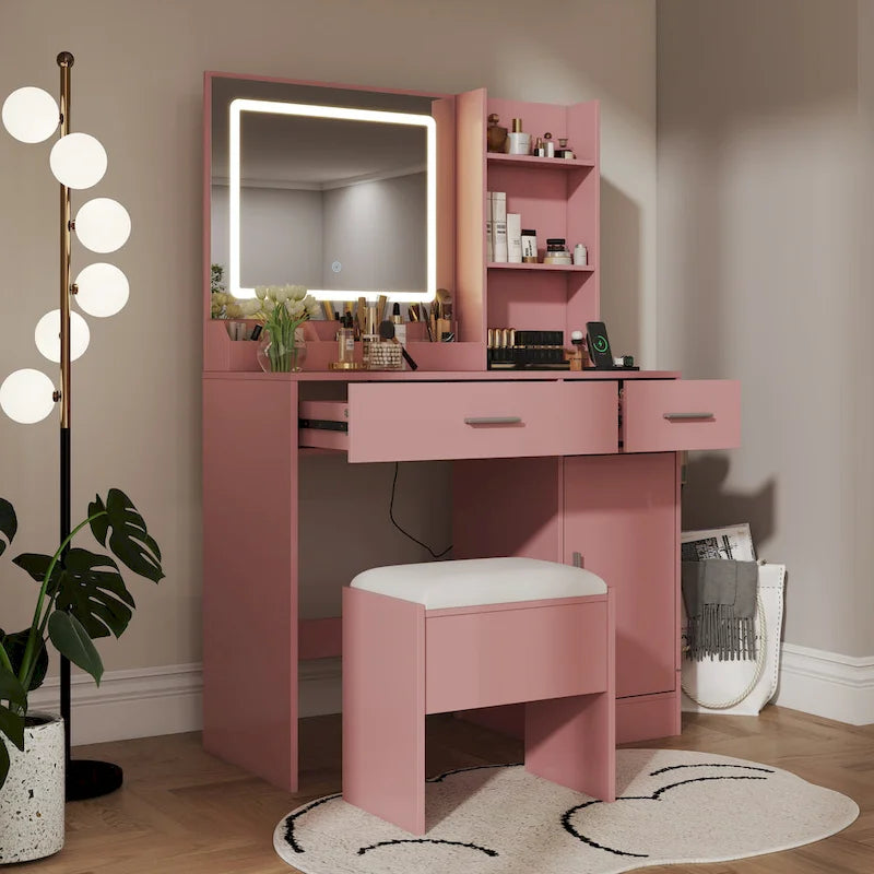 Coiffeuse de maquillage rose avec miroir LED et tabouret, 1 personne