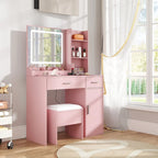 Coiffeuse de maquillage rose avec miroir LED et tabouret, 1 personne