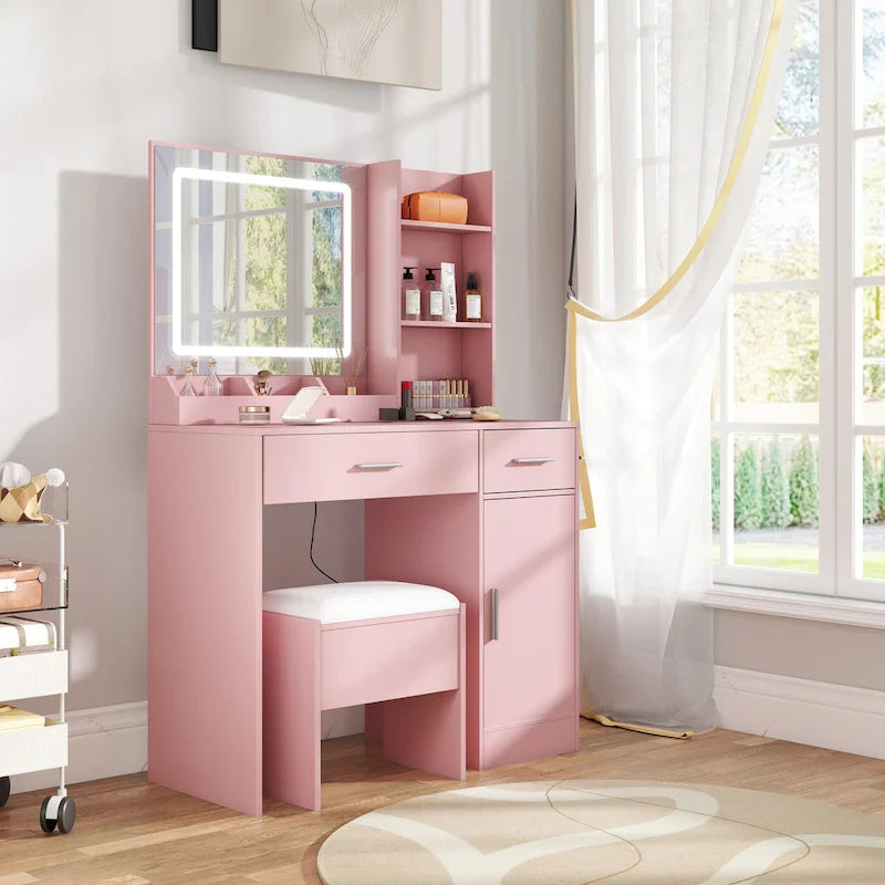 Coiffeuse de maquillage rose avec miroir LED et tabouret, 1 personne