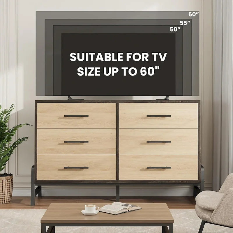 Commode à 6 tiroirs, Beige / Noir, Autoportante, Convient pour 1 pièce