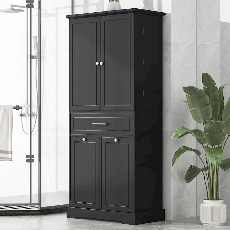 Meuble de rangement de salle de bain autoportant noir/blanc avec panier à linge