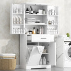 Meuble de rangement de salle de bain autoportant noir/blanc avec panier à linge