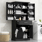 Meuble de rangement de salle de bain autoportant noir/blanc avec panier à linge