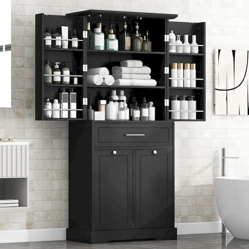 Meuble de rangement de salle de bain autoportant noir/blanc avec panier à linge
