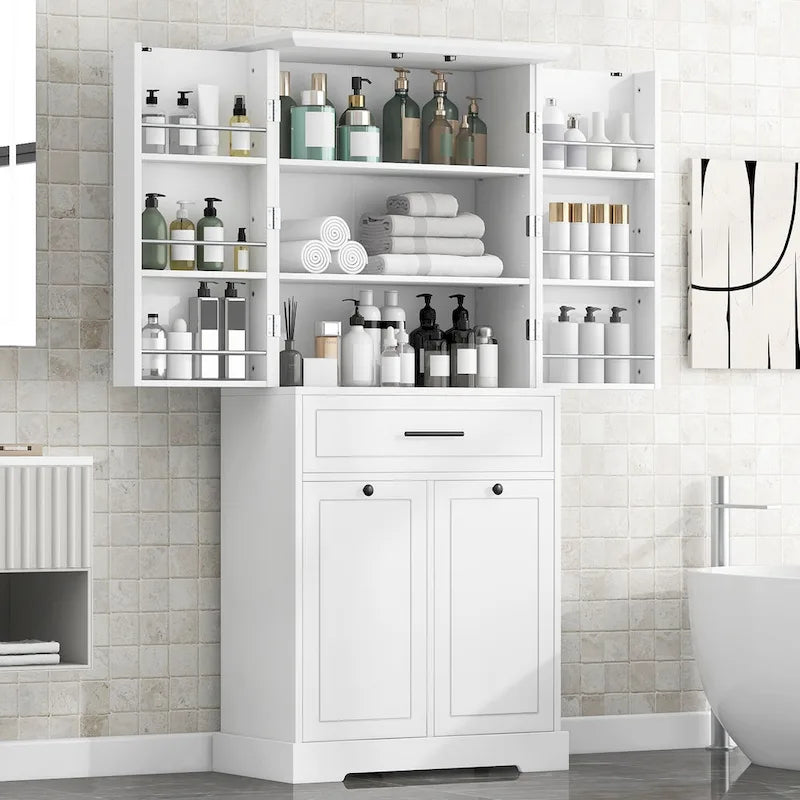 Meuble de rangement de salle de bain autoportant noir/blanc avec panier à linge