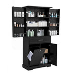 Meuble de rangement de salle de bain autoportant noir/blanc avec panier à linge
