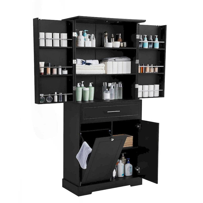 Meuble de rangement de salle de bain autoportant noir/blanc avec panier à linge