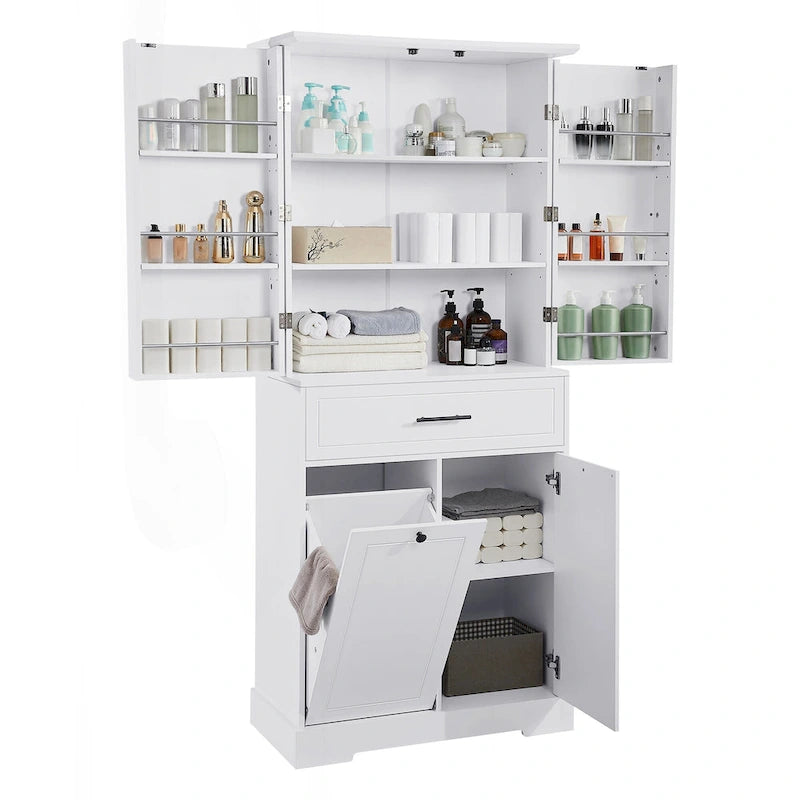 Meuble de rangement de salle de bain autoportant noir/blanc avec panier à linge
