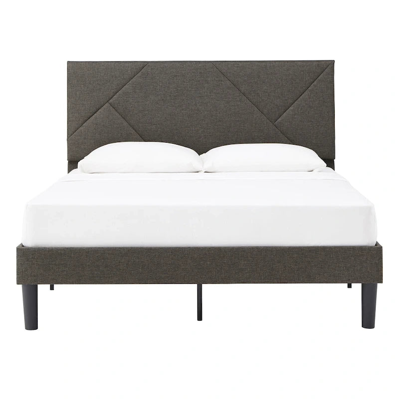 Lit plateforme rembourré gris avec tête de lit géométrique – Grand lit/Très grand lit