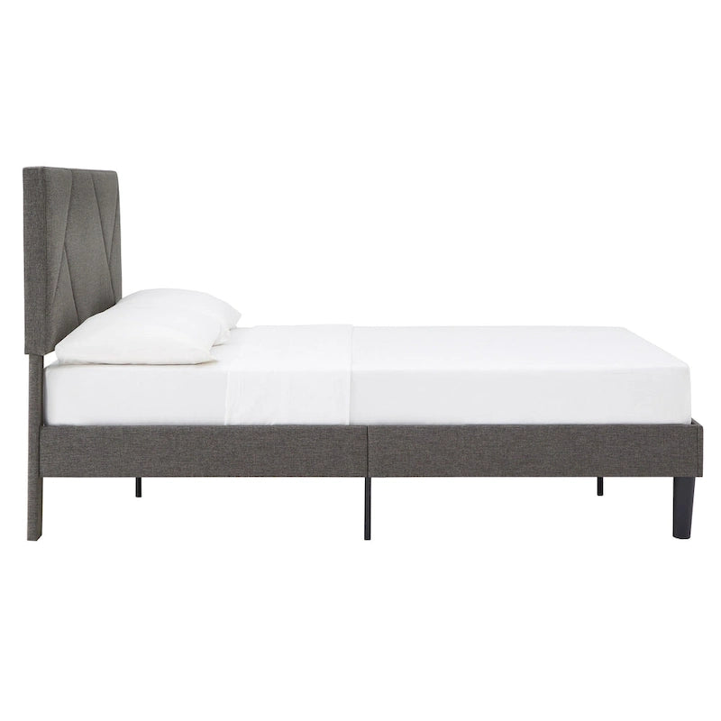 Lit plateforme rembourré gris avec tête de lit géométrique – Grand lit/Très grand lit