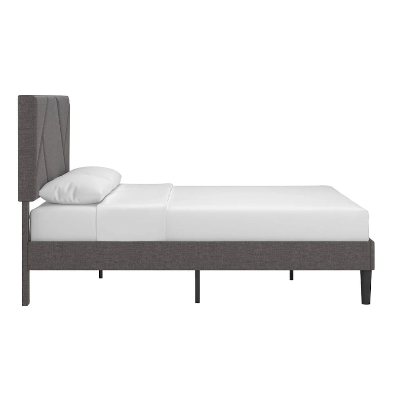 Lit plateforme rembourré gris avec tête de lit géométrique – Grand lit/Très grand lit