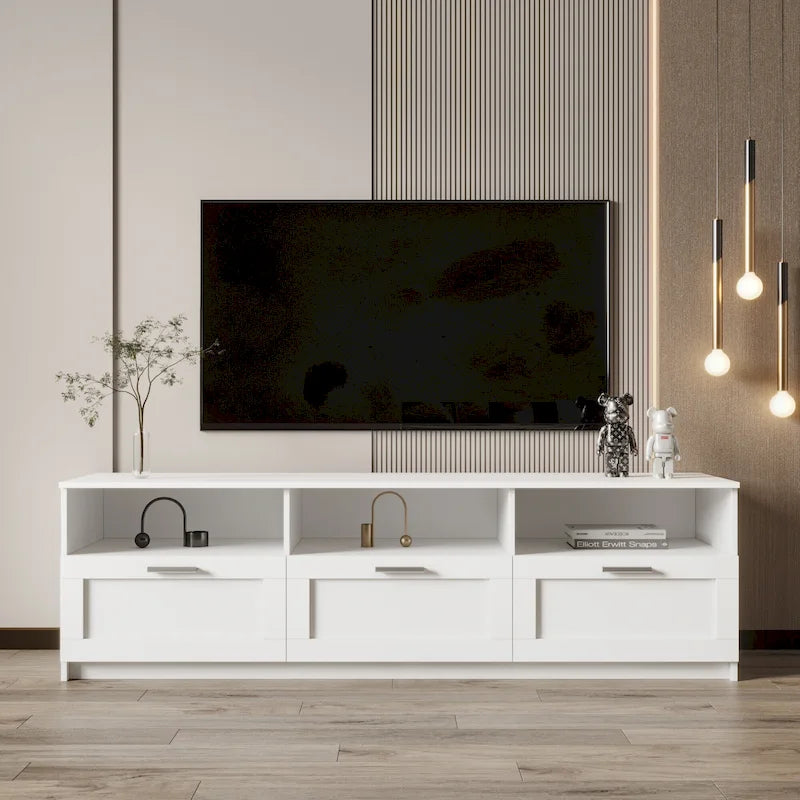 Meuble TV blanc minimaliste avec 3 tiroirs, convient aux téléviseurs jusqu'à 80 pouces