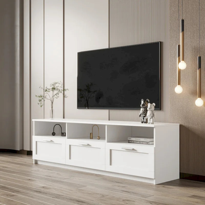Meuble TV blanc minimaliste avec 3 tiroirs, convient aux téléviseurs jusqu'à 80 pouces