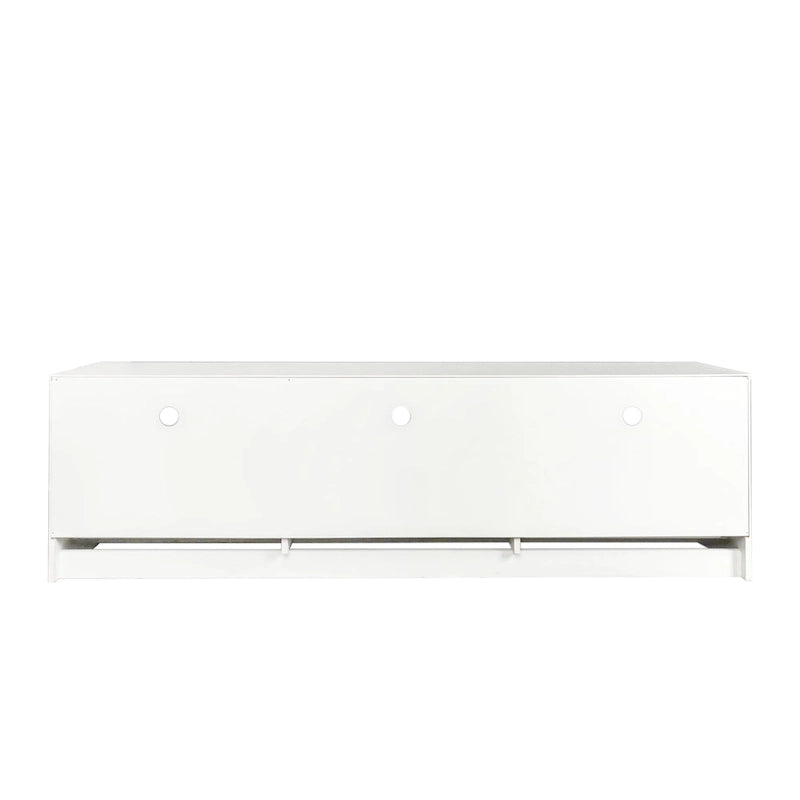 Meuble TV blanc minimaliste avec 3 tiroirs, convient aux téléviseurs jusqu'à 80 pouces