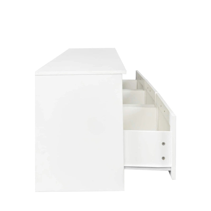 Meuble TV blanc minimaliste avec 3 tiroirs, convient aux téléviseurs jusqu'à 80 pouces