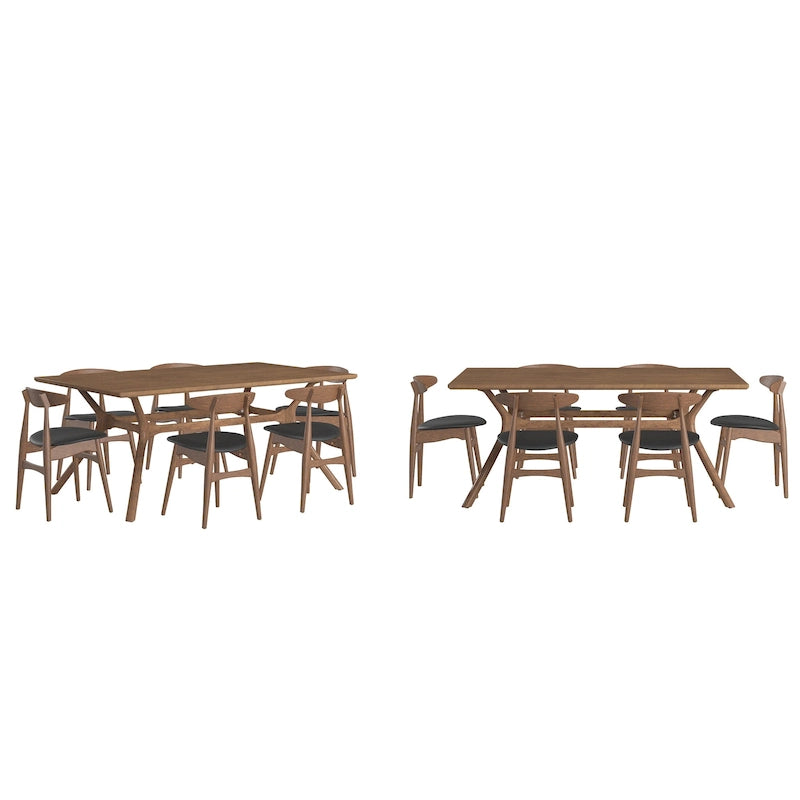 Ensemble de salle à manger en noyer du milieu du siècle – Noir/Beige, Vinyle/Tissu, 4 à 7 pièces