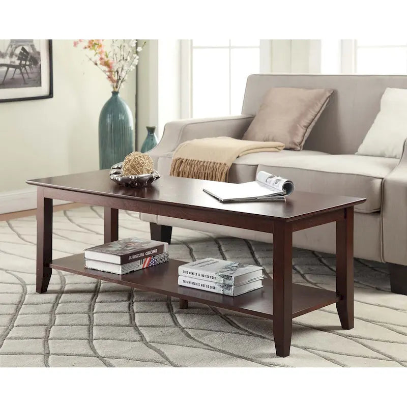 Table basse à 2 niveaux avec étagère inférieure, couleurs noir/expresso/cerise/gris/blanc, places 1+