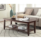 Table basse à 2 niveaux avec étagère inférieure, couleurs noir/expresso/cerise/gris/blanc, places 1+