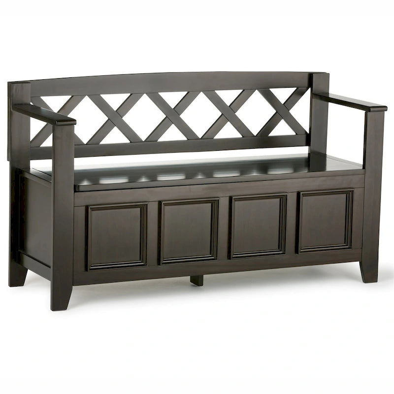 Banc de rangement en bois massif – Marron foncé / Gris / Blanc / Noir, avec couvercle à charnière, 2 places