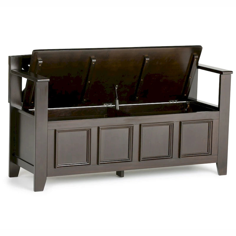Banc de rangement en bois massif – Marron foncé / Gris / Blanc / Noir, avec couvercle à charnière, 2 places