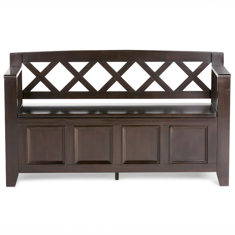 Banc de rangement en bois massif – Marron foncé / Gris / Blanc / Noir, avec couvercle à charnière, 2 places