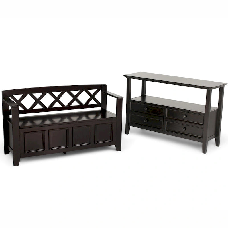 Banc de rangement en bois massif – Marron foncé / Gris / Blanc / Noir, avec couvercle à charnière, 2 places