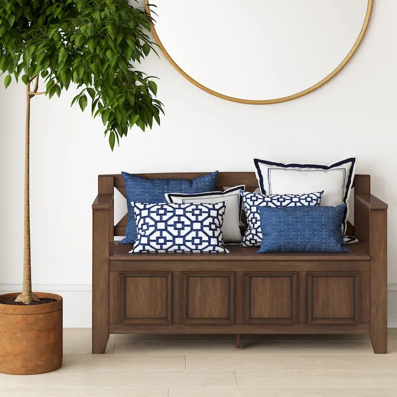 Banc de rangement en bois massif – Marron foncé / Gris / Blanc / Noir, avec couvercle à charnière, 2 places
