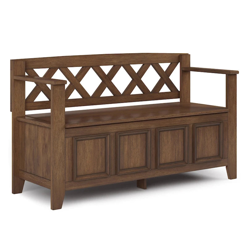 Banc de rangement en bois massif – Marron foncé / Gris / Blanc / Noir, avec couvercle à charnière, 2 places