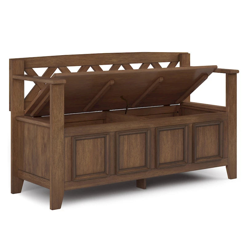 Banc de rangement en bois massif – Marron foncé / Gris / Blanc / Noir, avec couvercle à charnière, 2 places