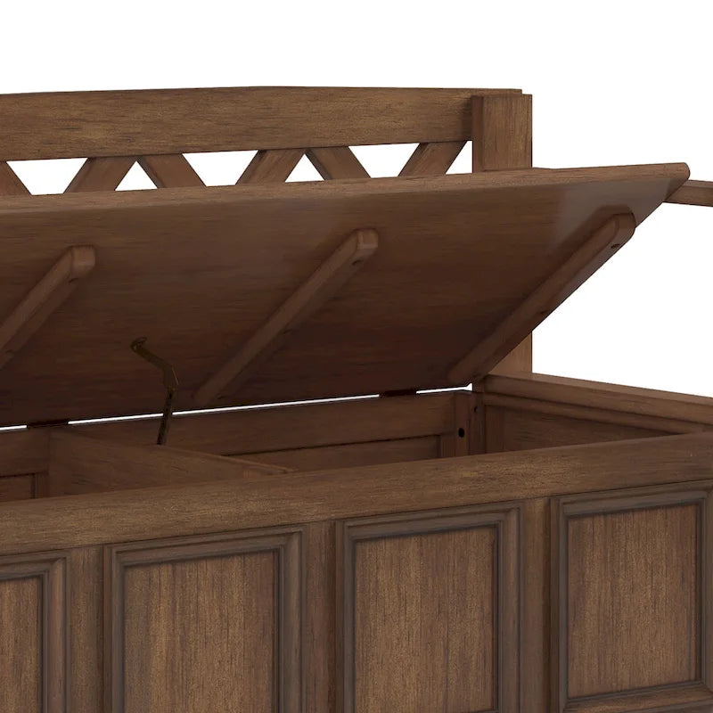 Banc de rangement en bois massif – Marron foncé / Gris / Blanc / Noir, avec couvercle à charnière, 2 places