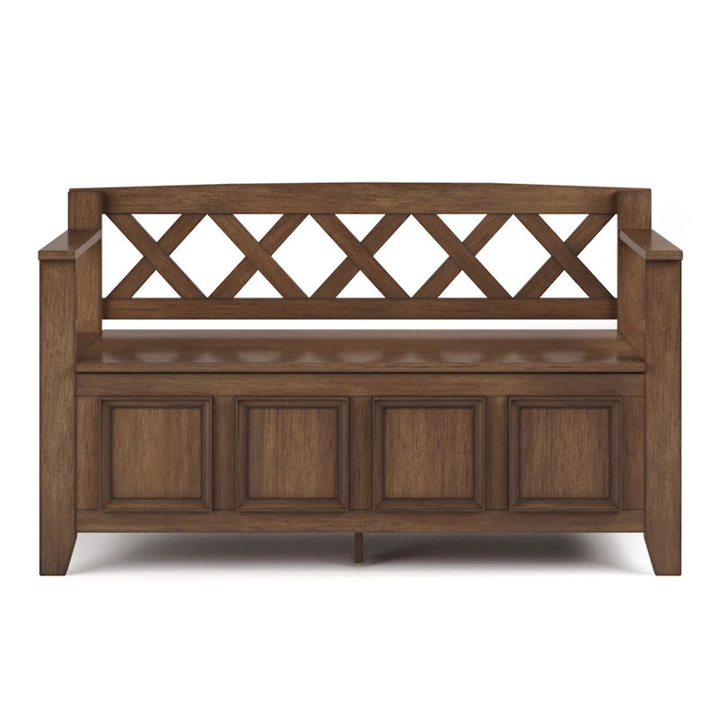 Banc de rangement en bois massif – Marron foncé / Gris / Blanc / Noir, avec couvercle à charnière, 2 places