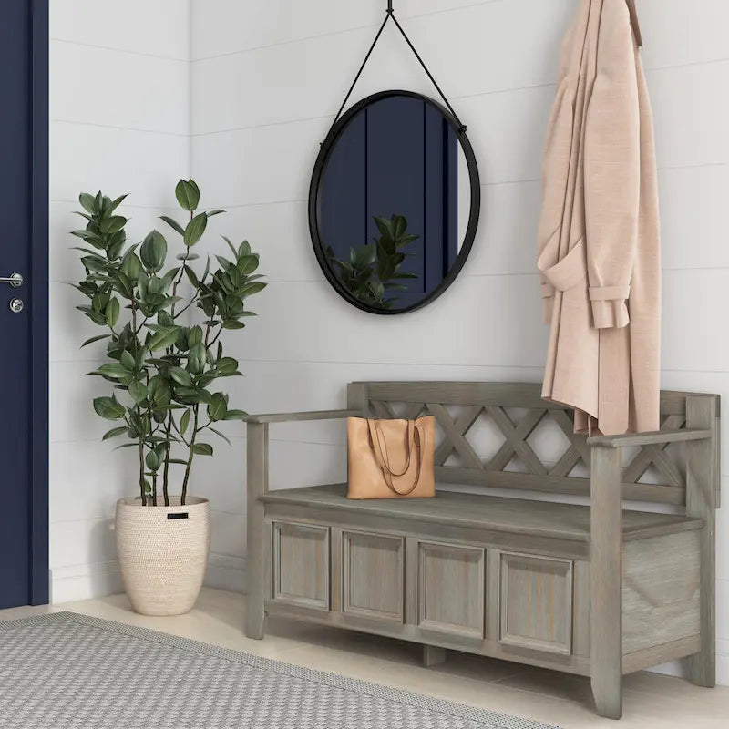 Banc de rangement en bois massif – Marron foncé / Gris / Blanc / Noir, avec couvercle à charnière, 2 places