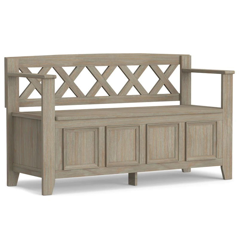Banc de rangement en bois massif – Marron foncé / Gris / Blanc / Noir, avec couvercle à charnière, 2 places