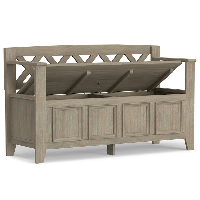 Banc de rangement en bois massif – Marron foncé / Gris / Blanc / Noir, avec couvercle à charnière, 2 places