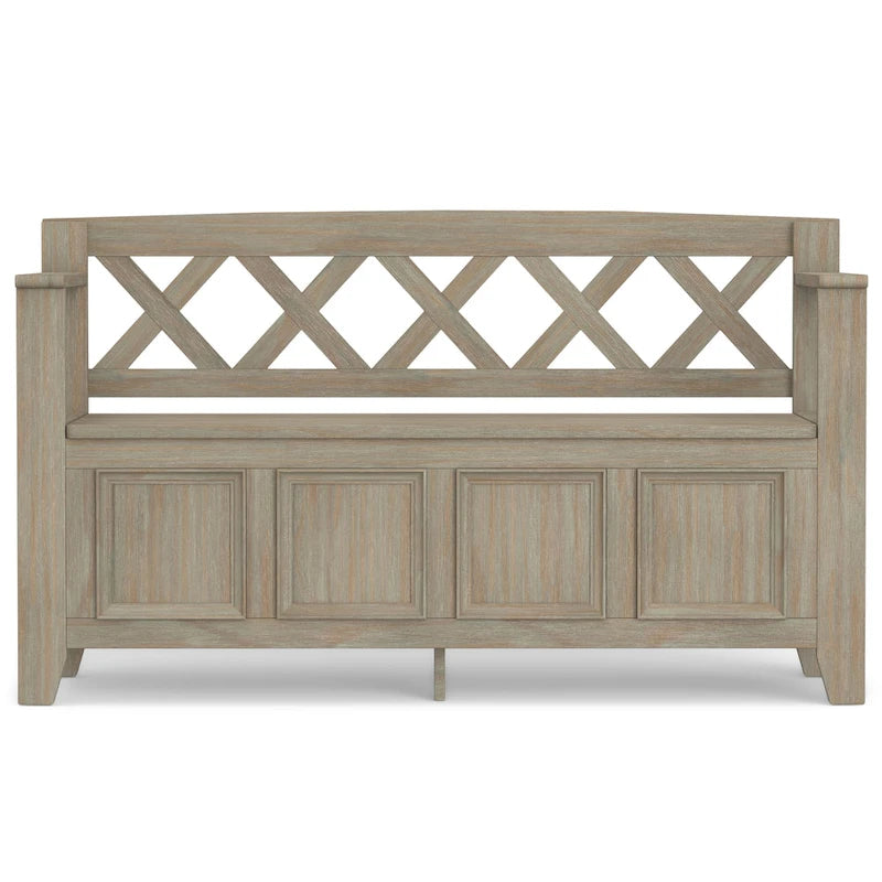 Banc de rangement en bois massif – Marron foncé / Gris / Blanc / Noir, avec couvercle à charnière, 2 places