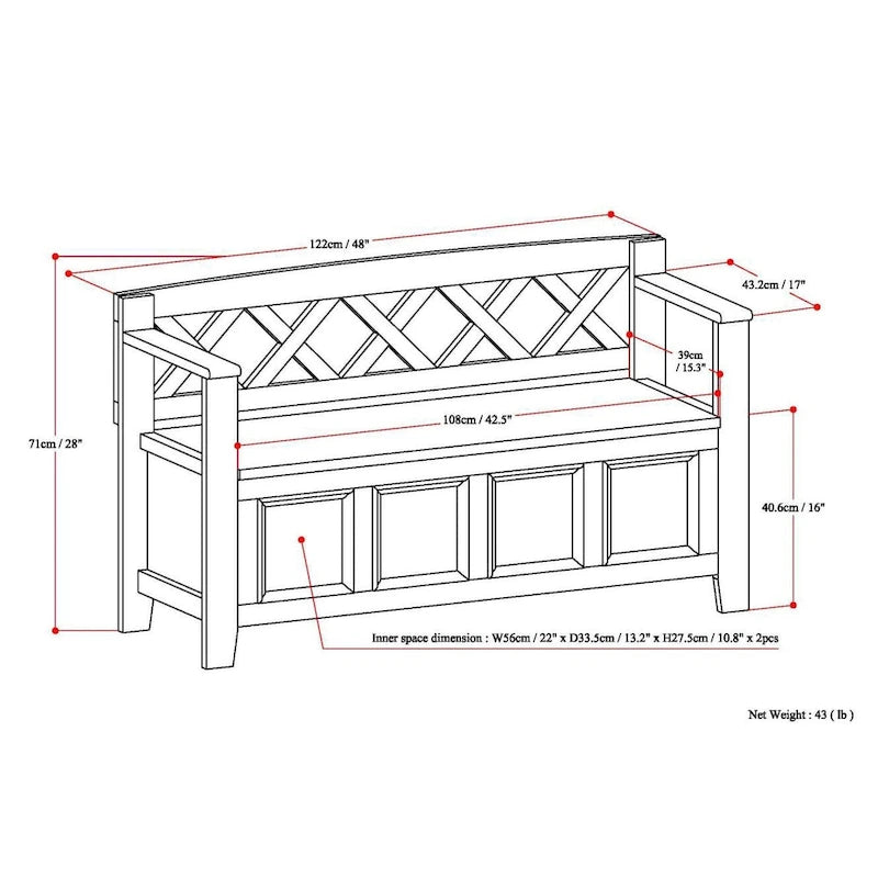 Banc de rangement en bois massif – Marron foncé / Gris / Blanc / Noir, avec couvercle à charnière, 2 places